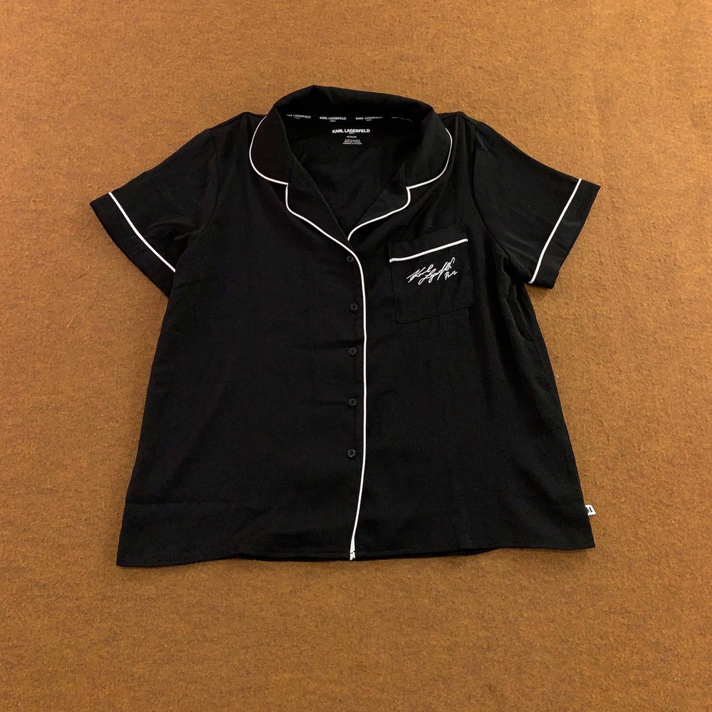 Karl Lagerfeld Womens Medium Black White Piping Signature Sleep Pajama Top